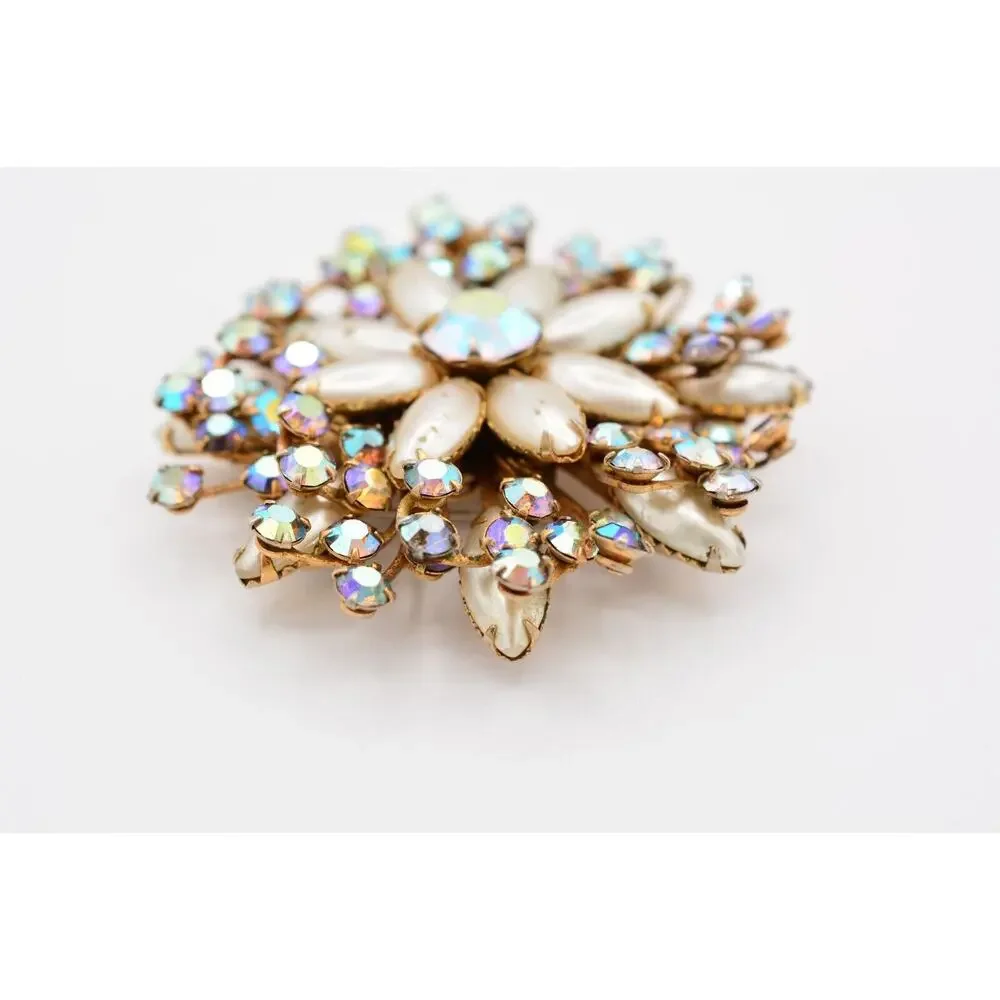 Vintage Crystal Flower Pin Brooch Aurora Borealis Rhinestone Prong 1980s BinAT